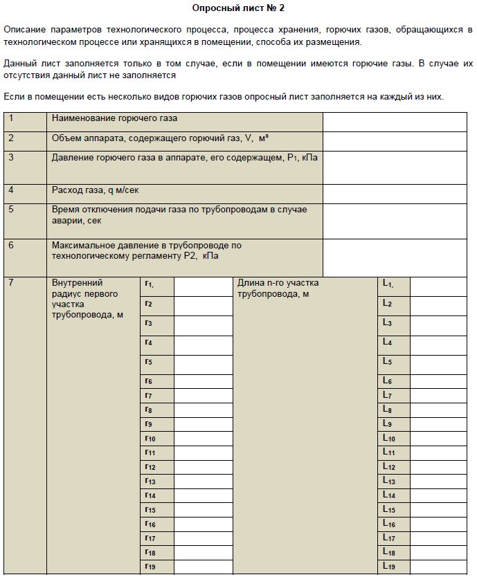 опросный лист 2 для определения категорий помещений, в которых обращаются горючие газы